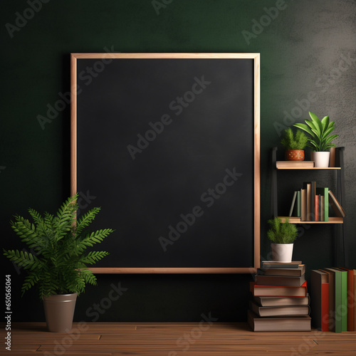 mockup of a blackboard with a plant in front 