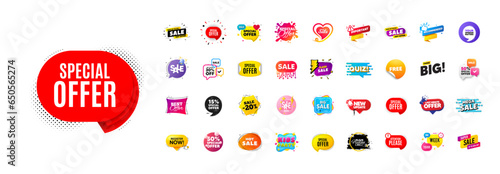 Flash offer sale banners pack. Promo price discount stickers. Special offer 3d speech bubble. Promotion flash coupons. Mega discount deal banners. Sale chat speech bubble. Ad promo message. Vector