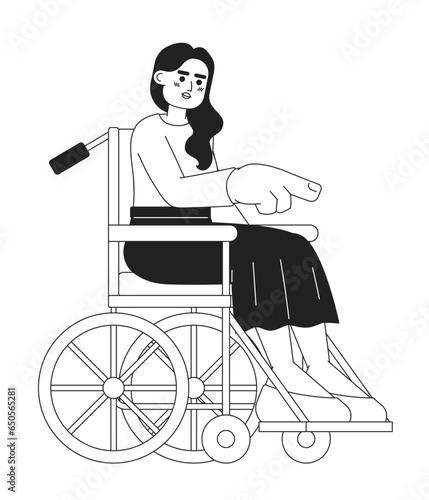 Wheelchair young woman pointing with finger black and white 2D cartoon character. Indian young adult female with disability isolated vector outline person. Monochromatic flat spot illustration
