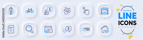 Cursor, Interview and Search line icons for web app. Pack of Money calendar, Delete file, Education pictogram icons. Bicycle, Payment received, Loan house signs. Online market, Fireworks. Vector