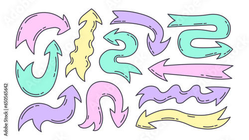 Colorful doodle arrows set. Hand drawn wavy direction pointers collection in outline style. Cute cartoon pastel colored signs and symbols