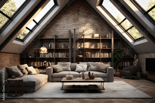 Attic living room in industrial style  3D rendering.