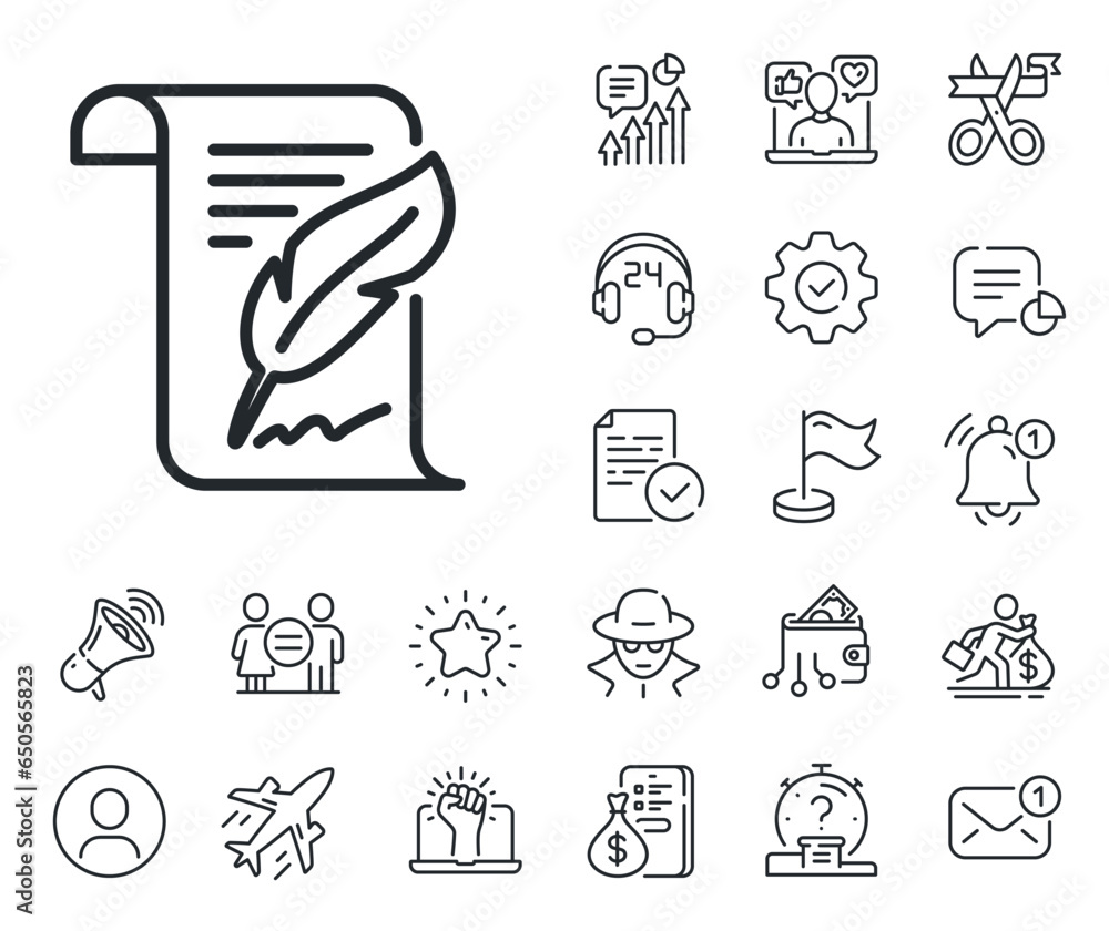 Copywriting sign. Salaryman, gender equality and alert bell outline icons. Feather signature line icon. Feedback symbol. Feather line sign. Spy or profile placeholder icon. Vector