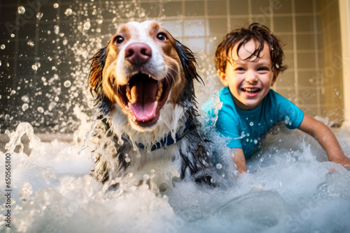 a child and their dog have turned bath time into a splashy adventure. AI generative.