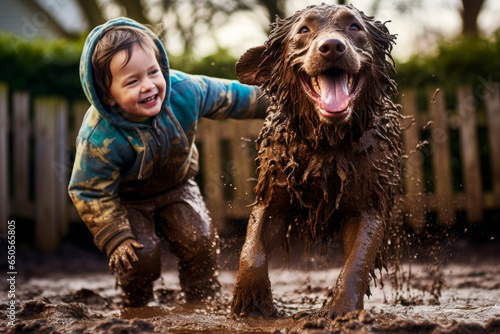a child and their dog covered head to toe in mud after a playful romp in the backyard. AI generative.