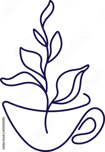 Fototapeta Naklejka Na Ścianę i Meble -  Tea abstract symbol. Continuous line drawing of cup of tea, branch and leaves. Graphic print