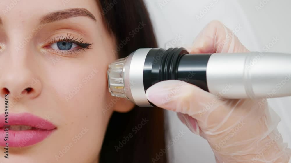 Close-up of a young girl undergoing fractional radiofrequency facelift at a medical center, skin rejuvenation concept. Cosmetic procedures advertising concept. Close-up of a young girl undergoing fractional radiofrequency facelift at a medical center, skin rejuvenation concept. Cosmetic procedures advertising concept.