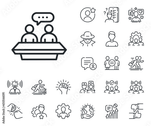 Collaboration sign. Specialist, doctor and job competition outline icons. Employees talk line icon. Development partners symbol. Employees talk line sign. Avatar placeholder, spy headshot icon. Vector