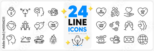 Icons set of Woman love, Heart and Hold heart line icons pack for app with Love her, Romantic talk, Romantic dinner thin outline icon. Friend, Champagne glasses, Ask me pictogram. Vector