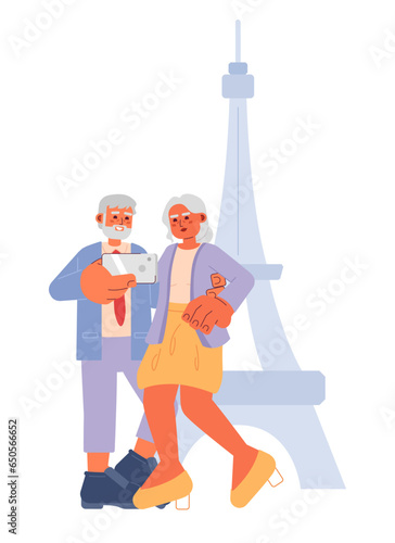 Retired couple travel cartoon flat illustration. Retiree pensioners taking selfie 2D characters isolated on white background. Vacation elderly. Senior citizens eiffel tower scene vector color image
