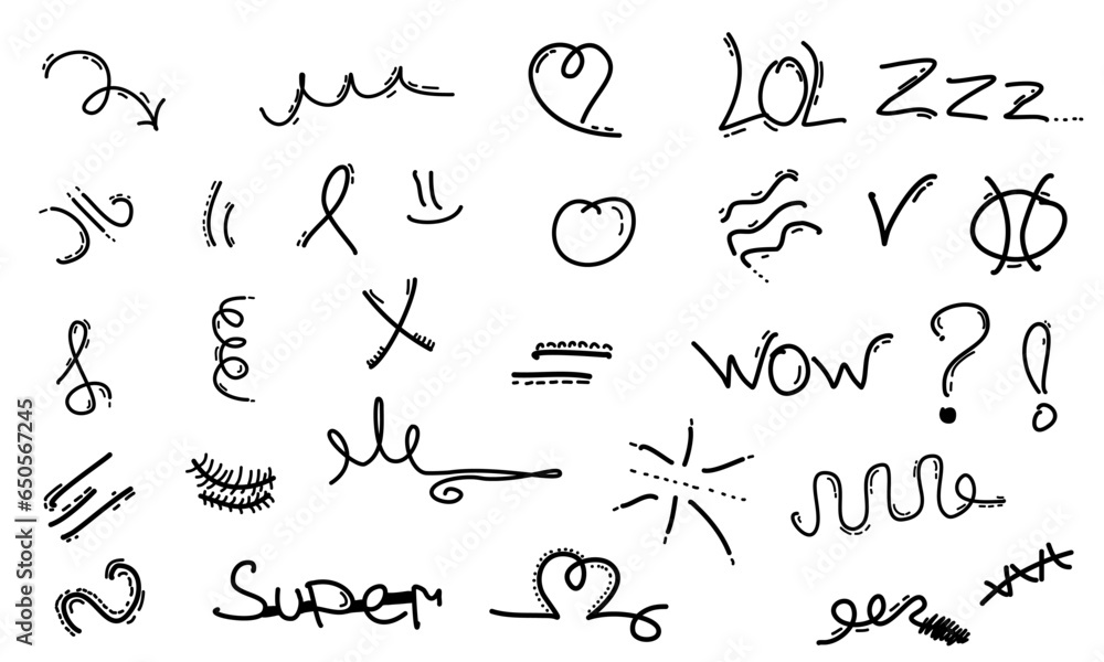 set of elements for design with the effect of hand-painted. Cartoon hand-drawn doodles set of elements for design with the effect of hand-painted. Cartoon hand-drawn doodles