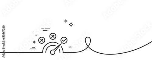 Correct answer line icon. Continuous one line with curl. Speedometer concept sign. Check symbol. Correct answer single outline ribbon. Loop curve pattern. Vector