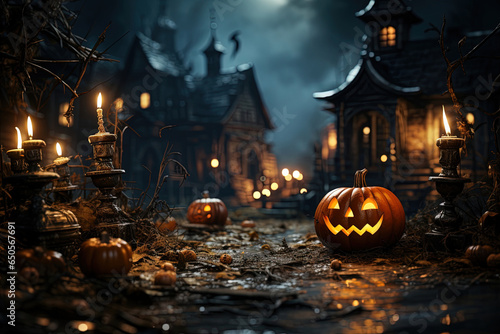 Halloween Spooky Landscape Background with Pumpkins, Candles, and Dry Leaves in the Foreground and a Horror Haunted House in the Background