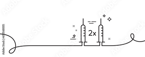 Coronavirus 2x vaccine line icon. Continuous one line with curl. Corona syringe sign. Covid jab symbol. Coronavirus vaccine single outline ribbon. Loop curve pattern. Vector