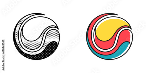 Sphere logo. Yin and yang in circle emblem. Optical illusion sign. Retro 3D icons set with black and white polka dots and color options. Vector impossible shape for halftone label, vintage posters.
