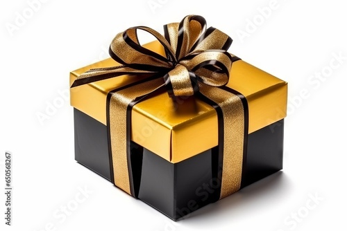 Black and gold elegant gift box with ribbon isolated on plain background