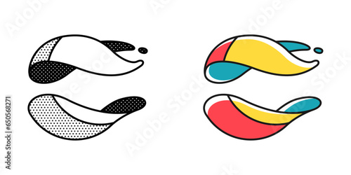 Sphere logo. Yin and yang in circle emblem. Optical illusion sign. Retro 3D icons set with black and white polka dots and color options. Vector impossible shape for halftone label, vintage posters.