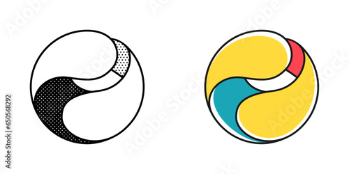 Sphere logo. Yin and yang in circle emblem. Optical illusion sign. Retro 3D icons set with black and white polka dots and color options. Vector impossible shape for halftone label, vintage posters.