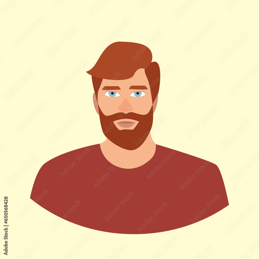 Vector flat illustration of a happy bearded man wearing brown t-shirt on light yellow background.
Vector flat illustration of a happy bearded man wearing brown t-shirt on light yellow background.