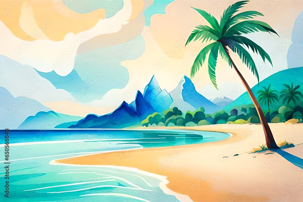 Beach view with palm trees, mountains - Generated by AI