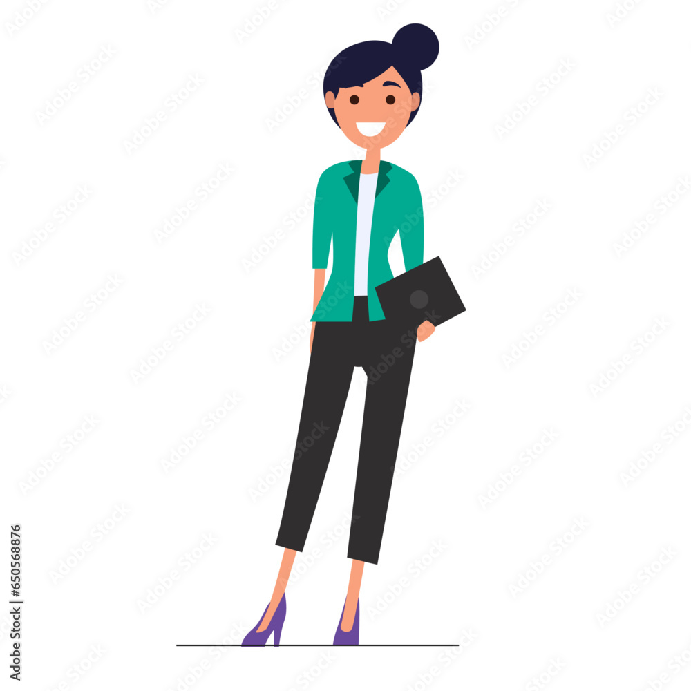Vector cartoon illustration of working woman wearing formal clothes and holding laptop in hand.
