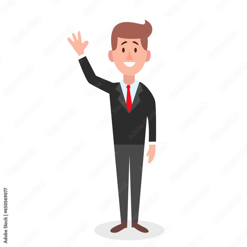 Vector illustration of smiling businessman in formal clothes and waving his hand.
Vector illustration of smiling businessman in formal clothes and waving his hand.
