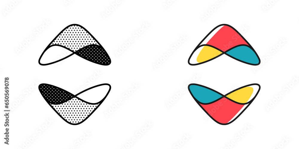 Arrow logo. Yin and yang in circle emblem. Optical illusion sign. Retro 3D icons set with black and white polka dots and color options. Vector impossible shape for halftone label, vintage posters.