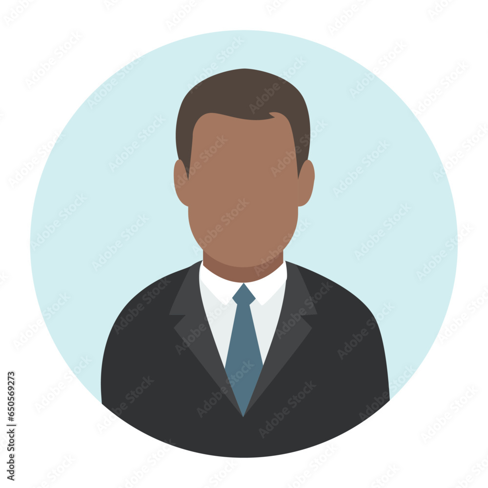 Flat illustration of a faceless businessman in suit on light blue background.
Flat illustration of a faceless businessman in suit on light blue background.