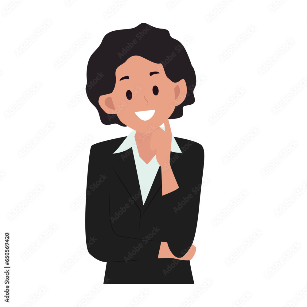 Vector illustration of a smiling working woman touching finger to her cheek with folded arms in standing pose wearing black suit.
Vector illustration of a smiling working woman touching finger to her cheek with folded arms in standing pose wearing black suit.