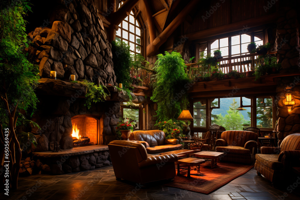 cozy living room in the chalet, wood trim, fireplace