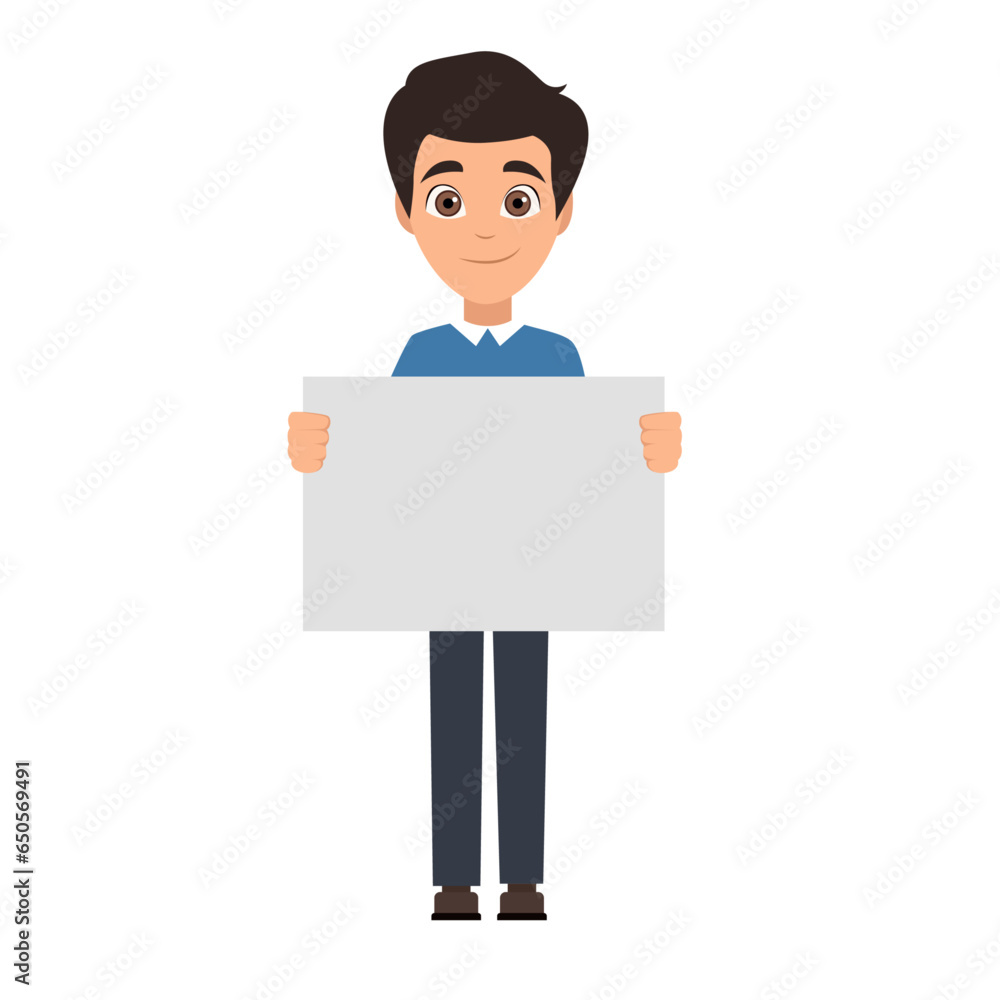 Vector illustration of a young smiling businessman in smart casual wear holding blank banner.
Vector illustration of a young smiling businessman in smart casual wear holding blank banner.
