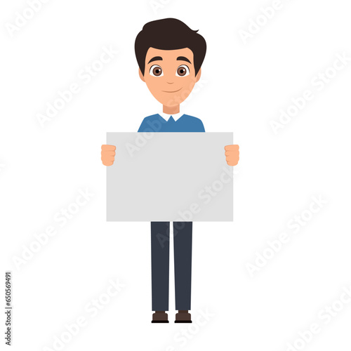 Vector illustration of a young smiling businessman in smart casual wear holding blank banner. 
