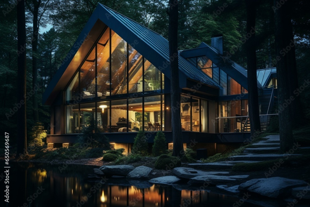 Peaceful woodland residence adorned with glowing windows during twilight. Generative AI