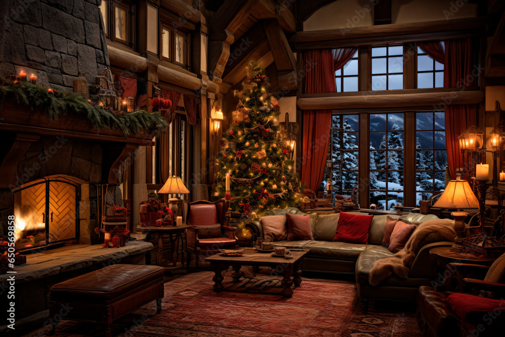 cozy living room in the chalet, wood trim, fireplace