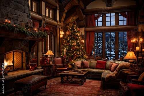 cozy living room in the chalet, wood trim, fireplace © Outlander1746