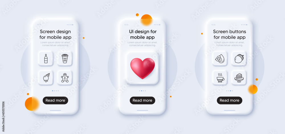 Obraz premium Acorn, Ice cream and Cake line icons pack. 3d phone mockups with heart. Glass smartphone screen. Wine bottle, Gingerbread man, Recycle water web icon. Takeaway coffee, Doppio pictogram. Vector
