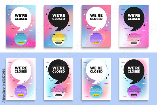 We are closed tag. Poster frame with quote. Business closure sign. Store bankruptcy symbol. Closed flyer message with comma. Gradient blur background posters. Vector