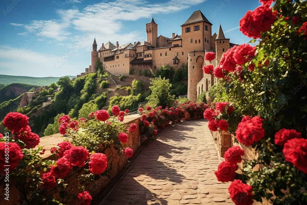 Scenic view of enchanting summer scenery with blooming roses and a historic fortress. Generative AI