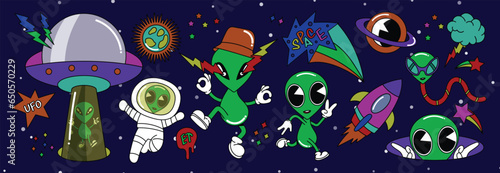 Set of 70s groovy element vector. Collection of cartoon character, doodle smile face, UFO, UAP, alien, spaceship, rocket, saturn, pilot. Cute retro groovy hippie design for decorative, sticker, kids.
