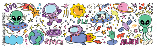 Set of 70s groovy element vector. Collection of cartoon character, doodle smile face, UFO, UAP, alien, spaceship, rocket, saturn, cow. Cute retro groovy hippie design for decorative, sticker, kids.