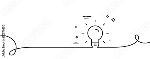 Light Bulb line icon. Continuous one line with curl. Lamp sign. Idea, Solution or Thinking symbol. Light bulb single outline ribbon. Loop curve pattern. Vector