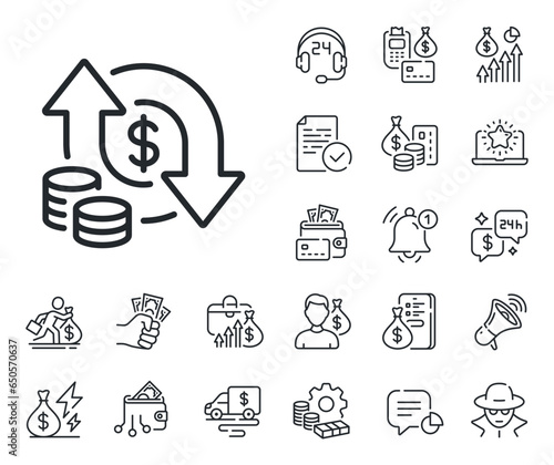 Currency exchange sign. Cash money, loan and mortgage outline icons. Change money line icon. Transfer payment symbol. Change money line sign. Credit card, crypto wallet icon. Vector