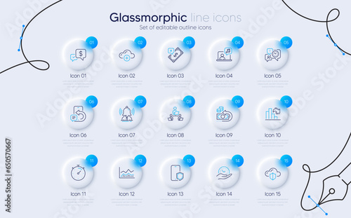 Set of Phone message, Time management and Decreasing graph line icons for web app. Safe time, Cloud protection, Music icons. Cloud computing, Phone protect, Trade infochart signs. Brand. Vector