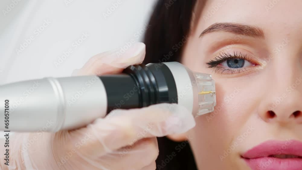 Close-up of a young girl undergoing fractional radiofrequency facelift at a medical center, skin rejuvenation concept. Cosmetic procedures advertising concept. Close-up of a young girl undergoing fractional radiofrequency facelift at a medical center, skin rejuvenation concept. Cosmetic procedures advertising concept.