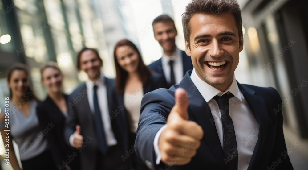 Cheerful man showing thumbs up sign in front of business team. Cheerful man showing thumbs up sign in front of business team.
