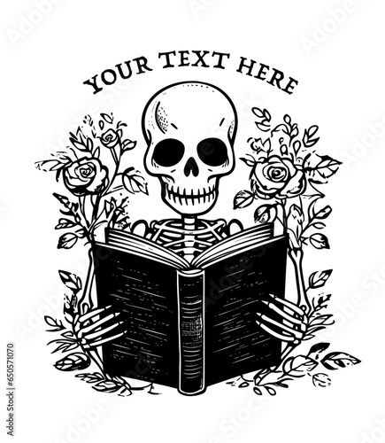 Skeleton reading a book dark romance lovers academia reader aesthetic ink drawing. Black and white romantic rose flowers and skeleton holding a book. Gothic floral frame retro vintage illustration.