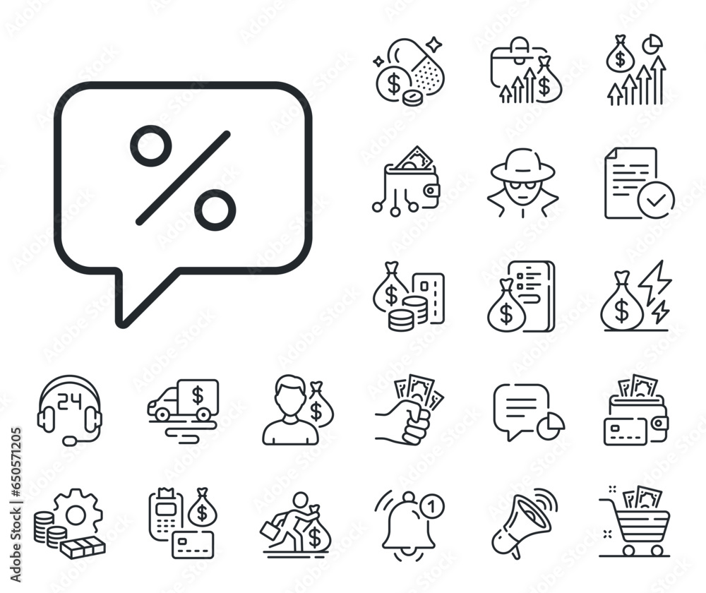 Fototapeta premium Special offer chat sign. Cash money, loan and mortgage outline icons. Shopping speech bubble line icon. Sale with Discounts symbol. Discount message line sign. Credit card, crypto wallet icon. Vector