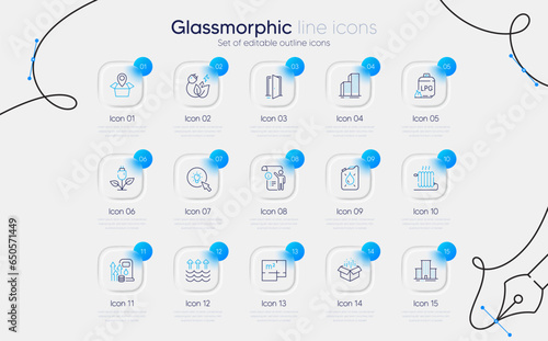 Set of Fuel price, Manual doc and Package location line icons for web app. Open box, Open door, Floor plan icons. Energy, Gas cylinder, Canister signs. Skyscraper buildings, Green energy. Vector