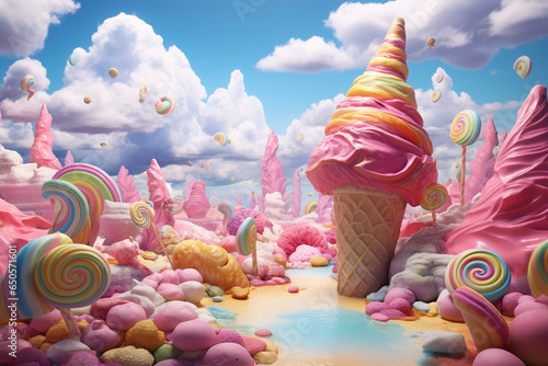 Ice Cream Heaven, Cartoon illustration of an ice cream waffle cones surrounded by colorful creamy elements. Creative Ice cream banner advertising concept. Imaginary ice cream world wallpaper concept