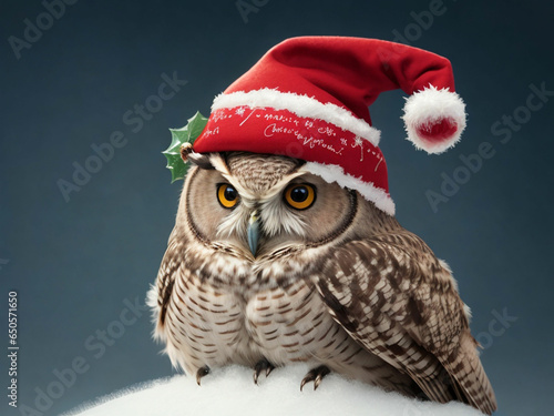 A owl with christmashat with hand wrting photo